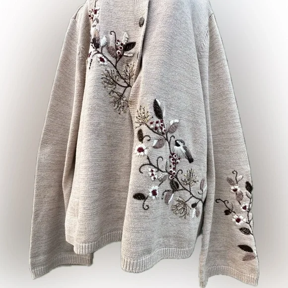 Coldwater Creek Beige Cardigan Floral Embroidery Cottagecore Cabincore.  Sz L - Picture 9 of 16